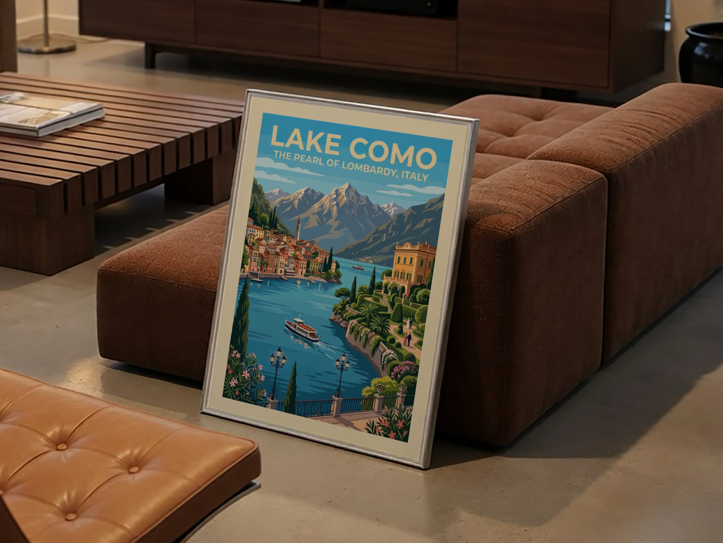 Travel poster of Lake Como featuring blue waters, terracotta villas and alpine mountains.