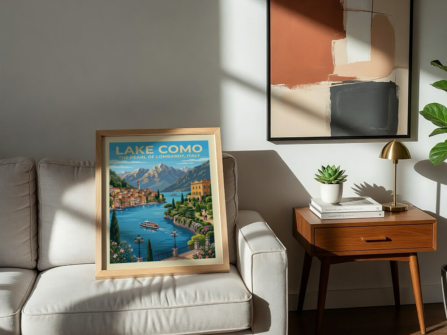Travel poster of Lake Como featuring blue waters, terracotta villas and alpine mountains.