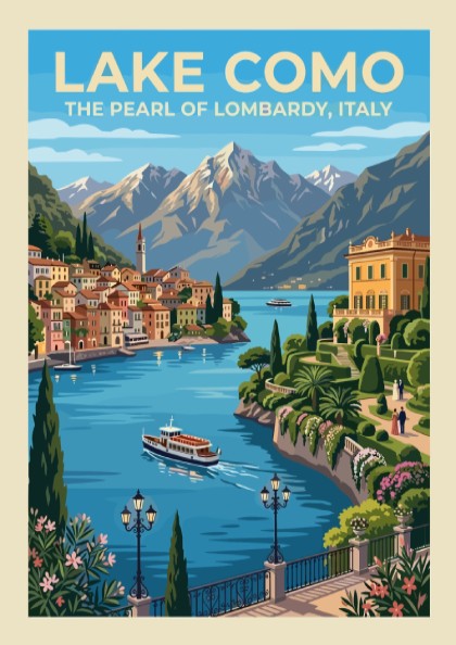 Travel poster of Lake Como featuring blue waters, terracotta villas and alpine mountains.