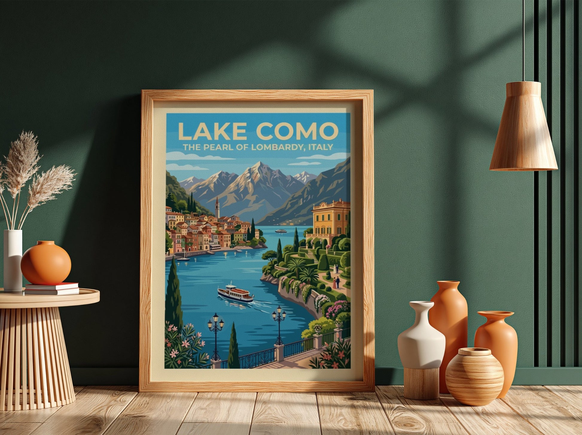 Travel poster of Lake Como featuring blue waters, terracotta villas and alpine mountains.