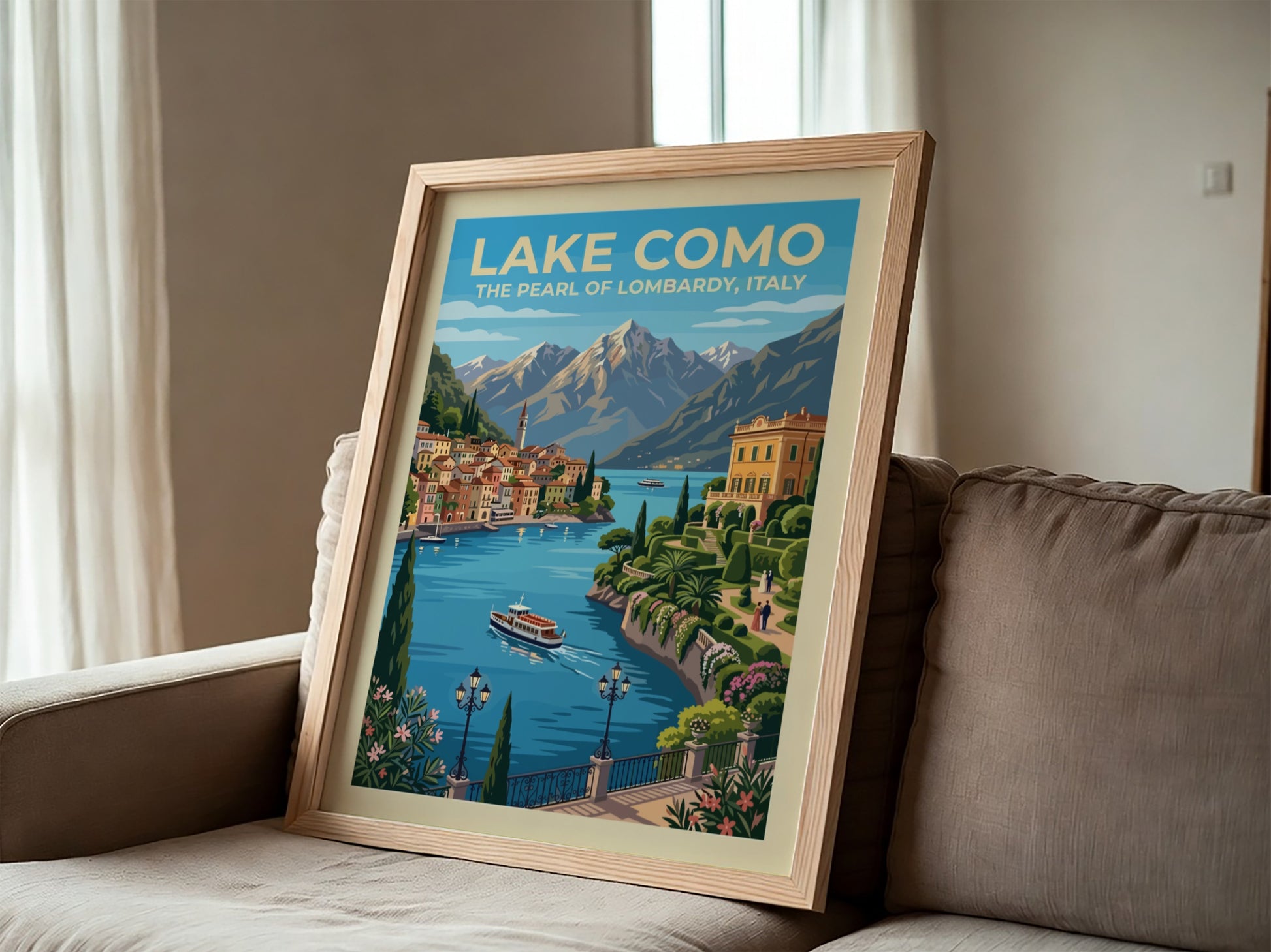 Travel poster of Lake Como featuring blue waters, terracotta villas and alpine mountains.