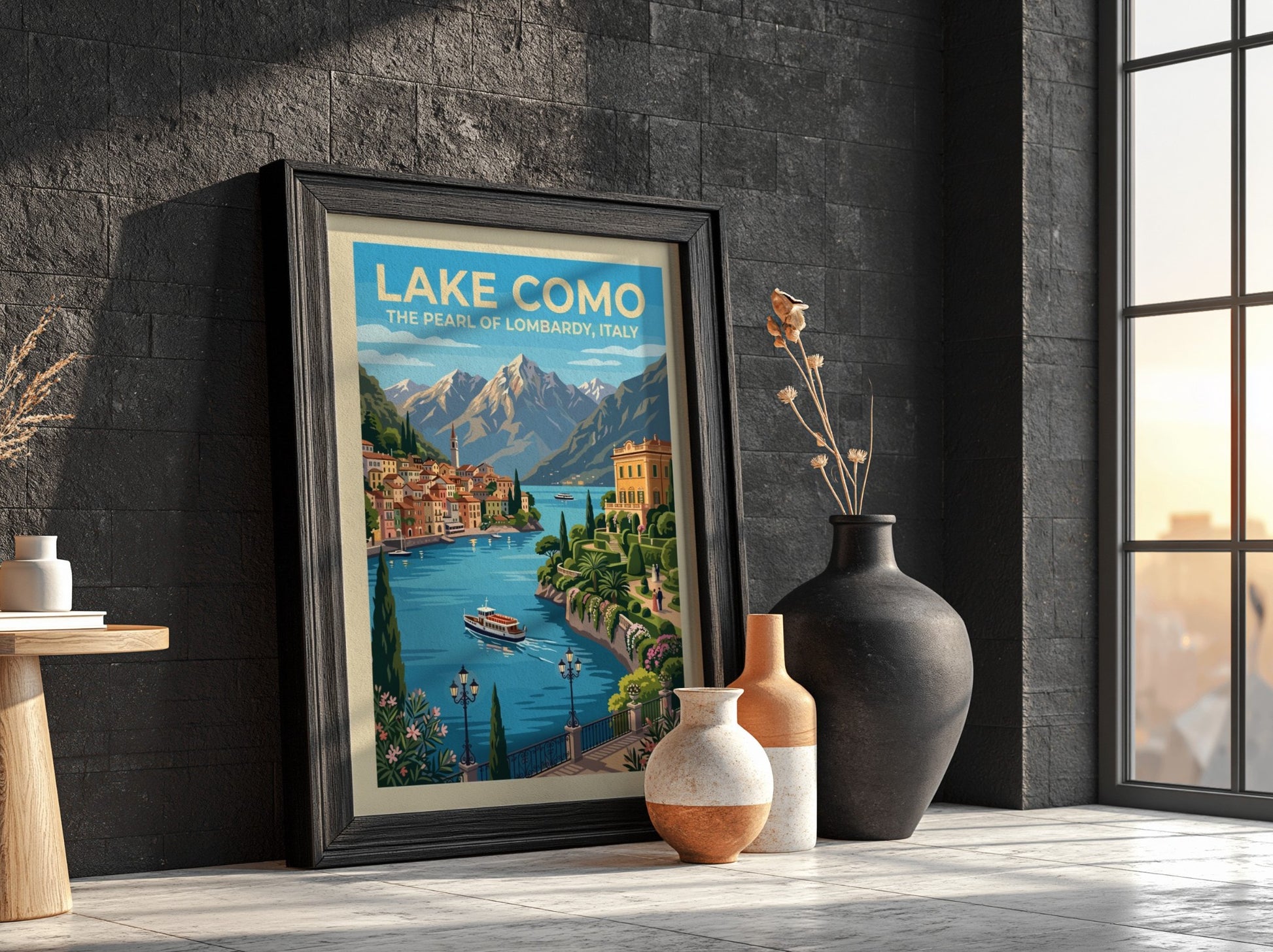 Travel poster of Lake Como featuring blue waters, terracotta villas and alpine mountains.