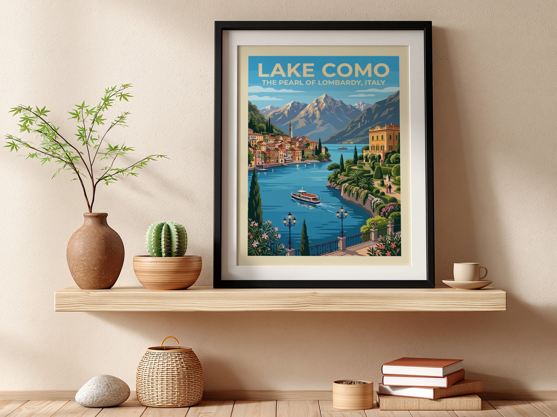 Travel poster of Lake Como featuring blue waters, terracotta villas and alpine mountains.