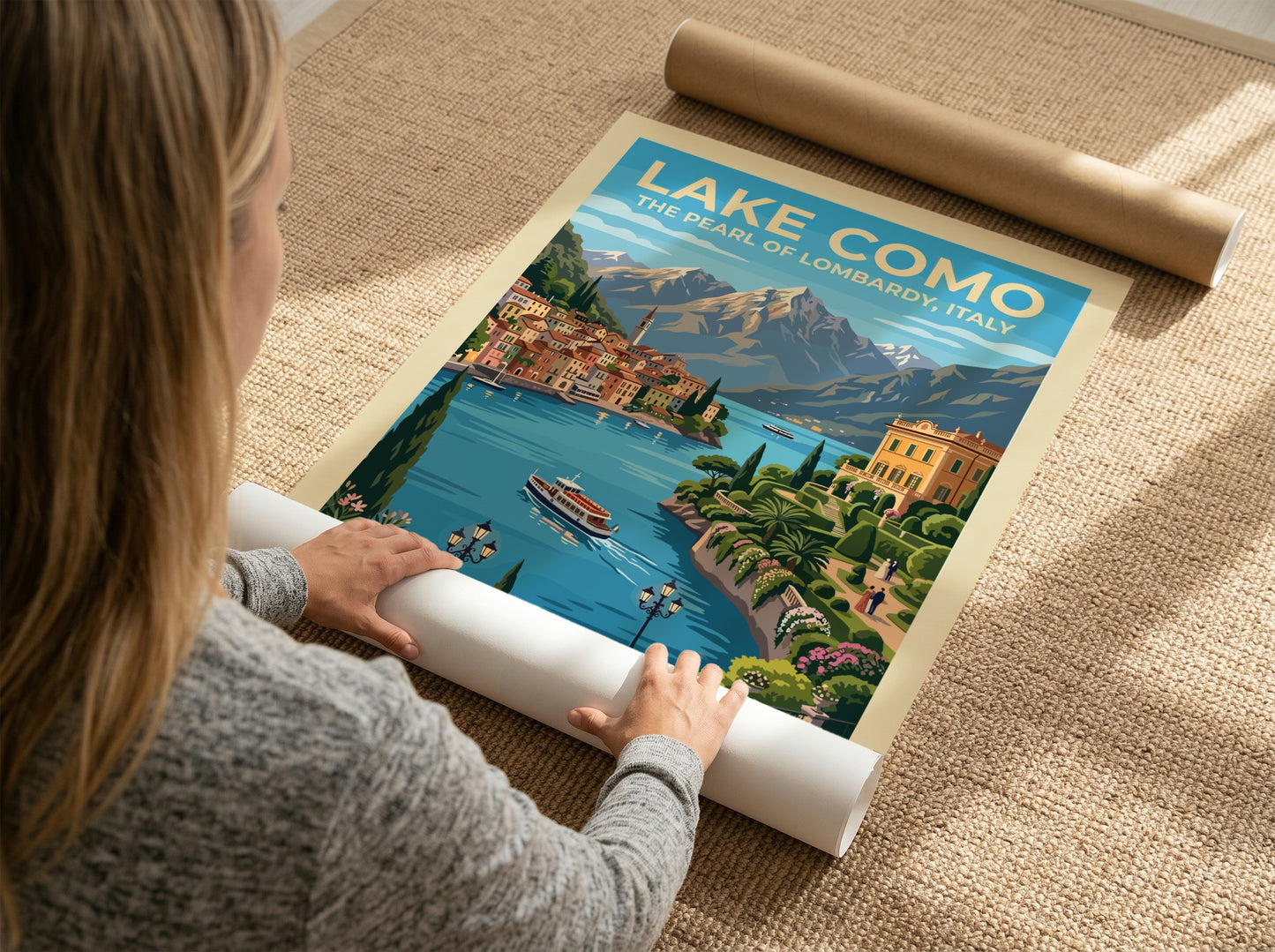Travel poster of Lake Como featuring blue waters, terracotta villas and alpine mountains.