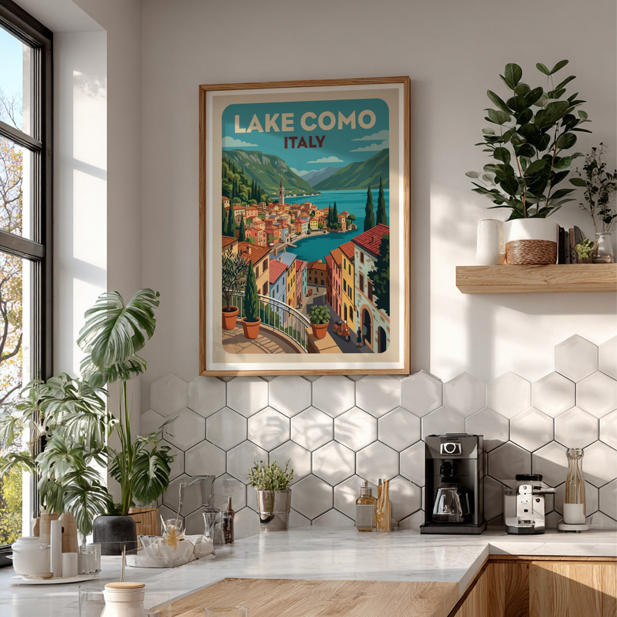 Lake Como Italy travel poster featuring a vibrant Mediterranean village with blue water.