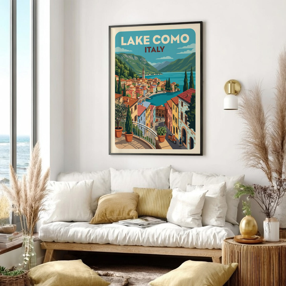 Lake Como Italy travel poster featuring a vibrant Mediterranean village with blue water.