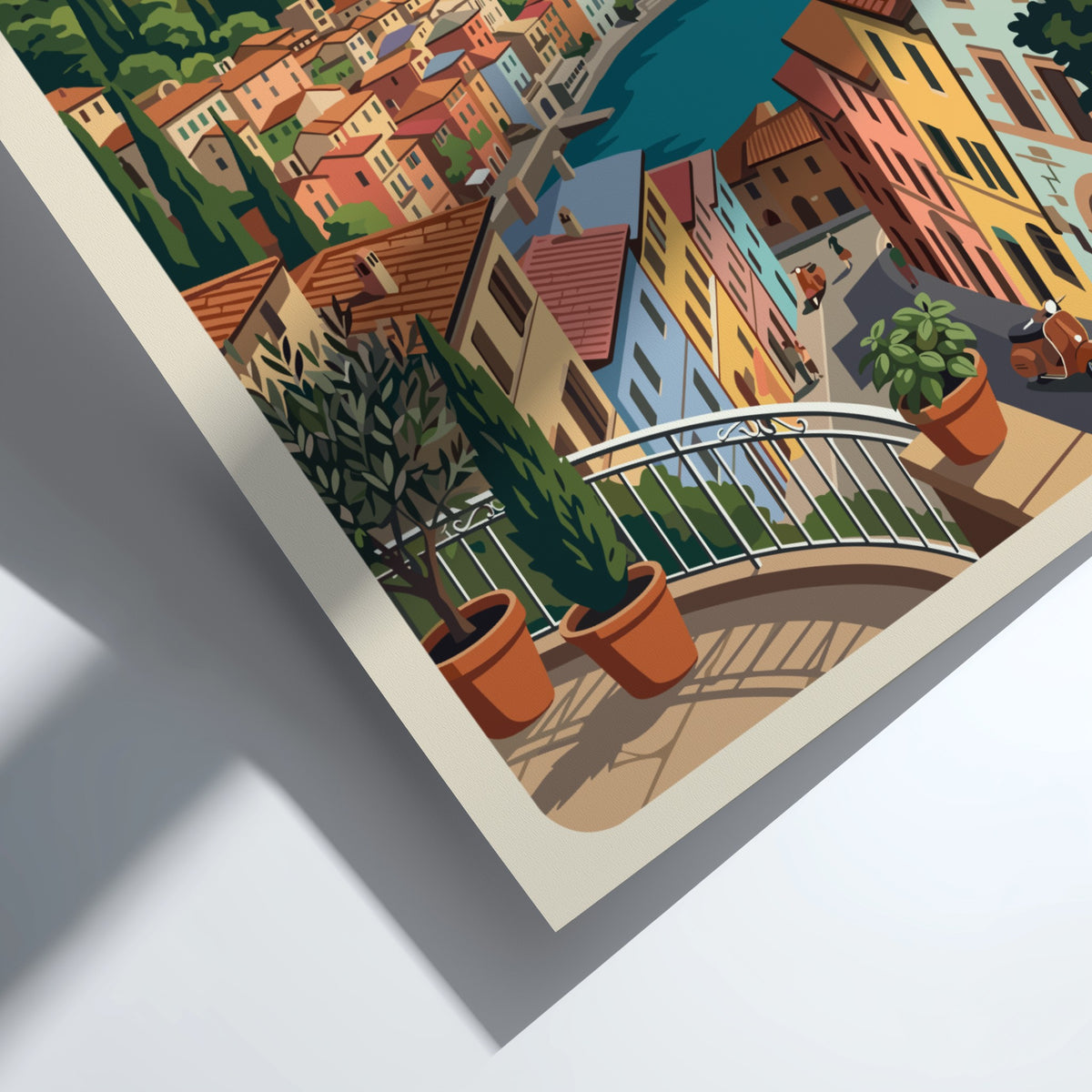 Lake Como Italy travel poster featuring a vibrant Mediterranean village with blue water.