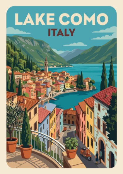 Lake Como Italy travel poster featuring a vibrant Mediterranean village with blue water.