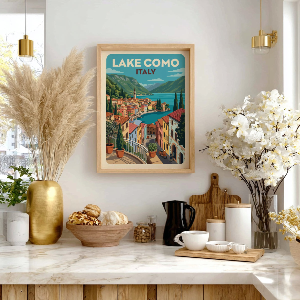 Lake Como Italy travel poster featuring a vibrant Mediterranean village with blue water.