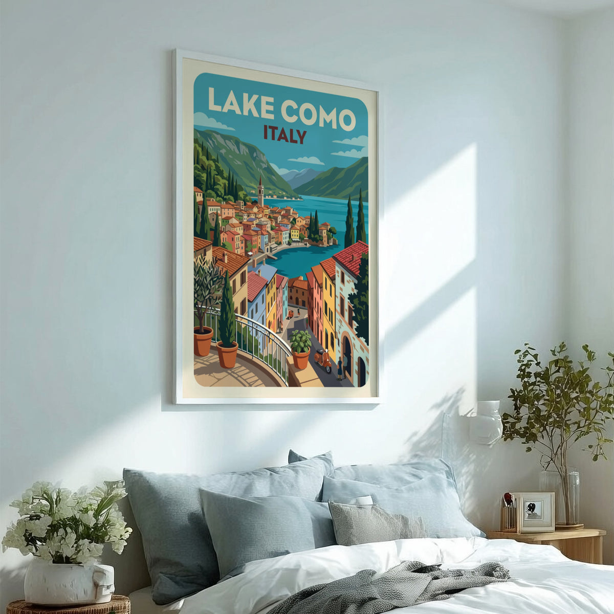 Lake Como Italy travel poster featuring a vibrant Mediterranean village with blue water.