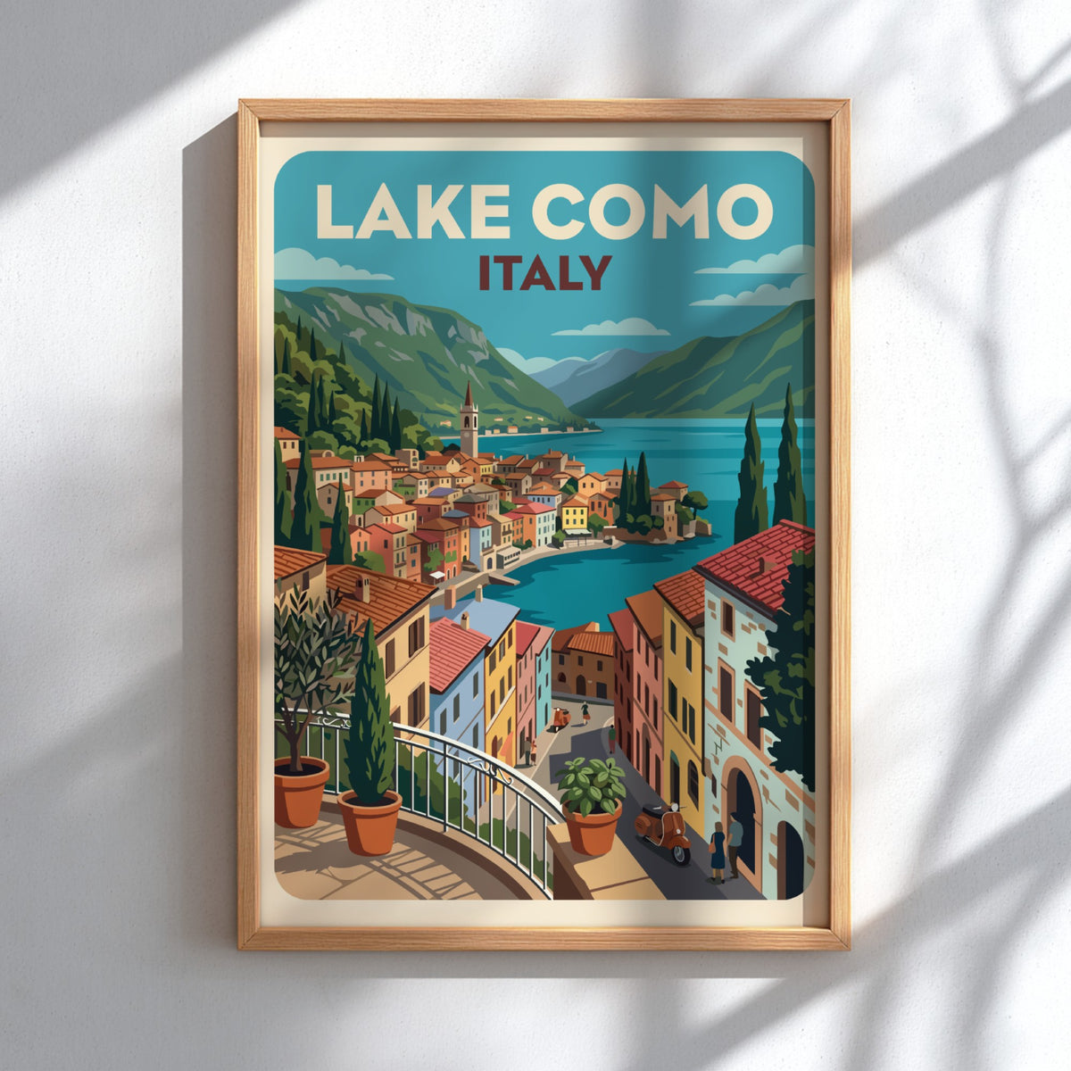 Lake Como Italy travel poster featuring a vibrant Mediterranean village with blue water.