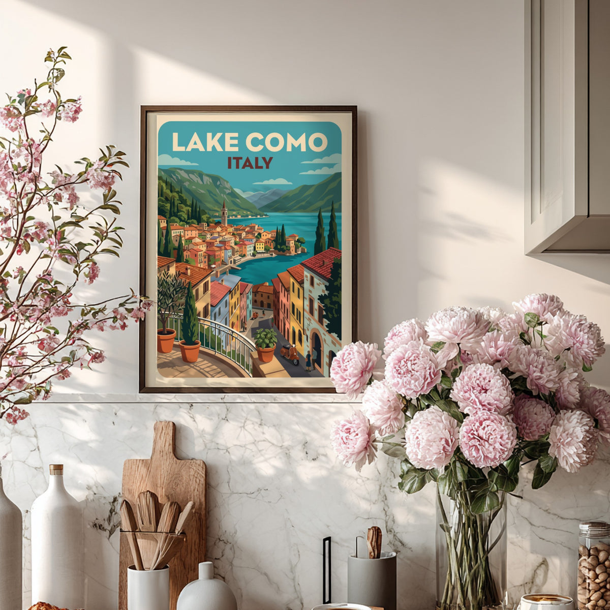 Lake Como Italy travel poster featuring a vibrant Mediterranean village with blue water.