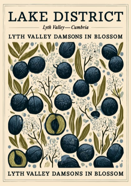 Kitchen poster featuring Lyth Valley damsons in blue and green colors, showcasing fruit blossoms in a