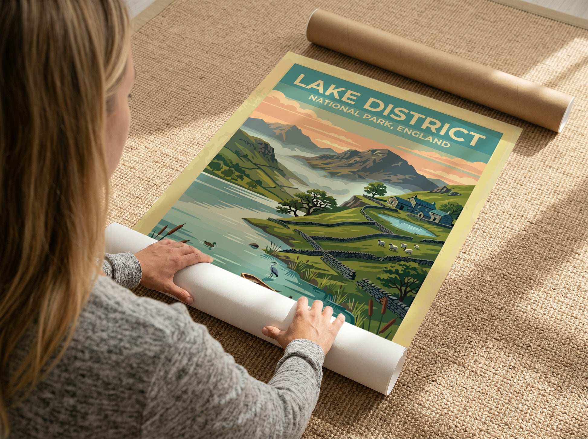 Travel poster of Lake District National Park featuring mountains, a lake, and cottages.