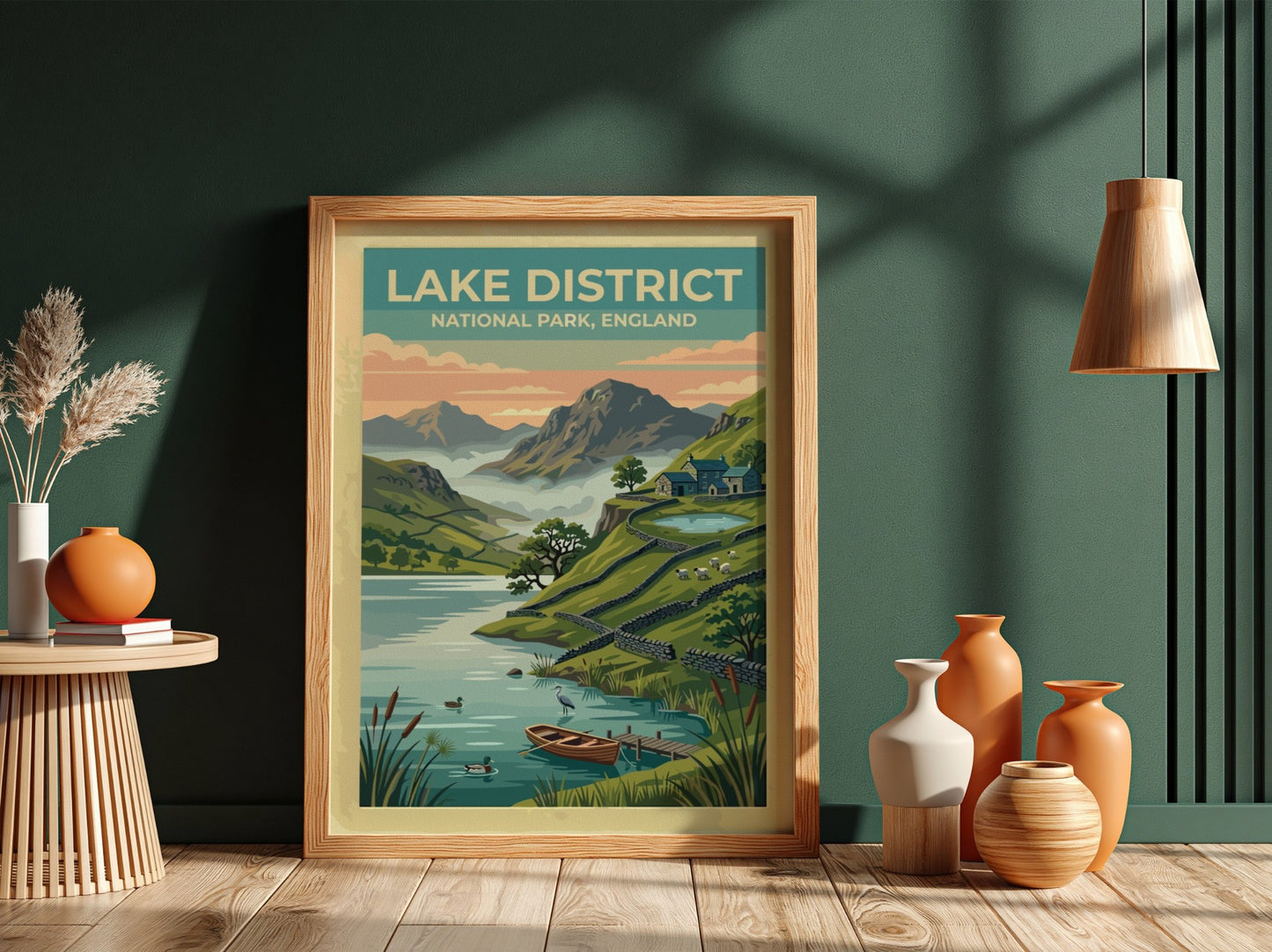 Travel poster of Lake District National Park featuring mountains, a lake, and cottages.