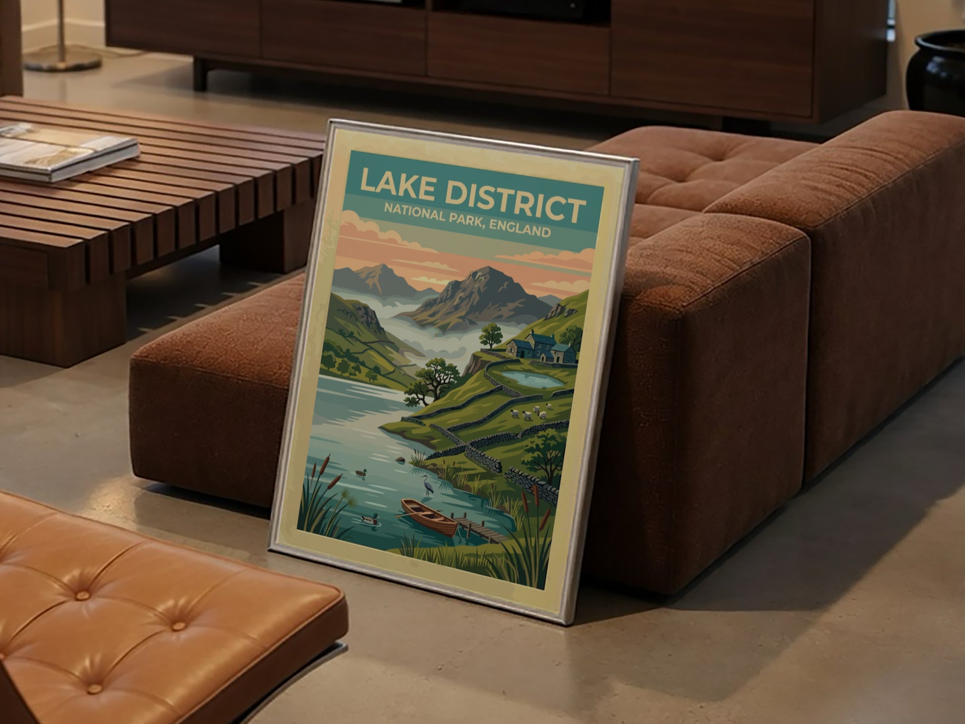 Travel poster of Lake District National Park featuring mountains, a lake, and cottages.