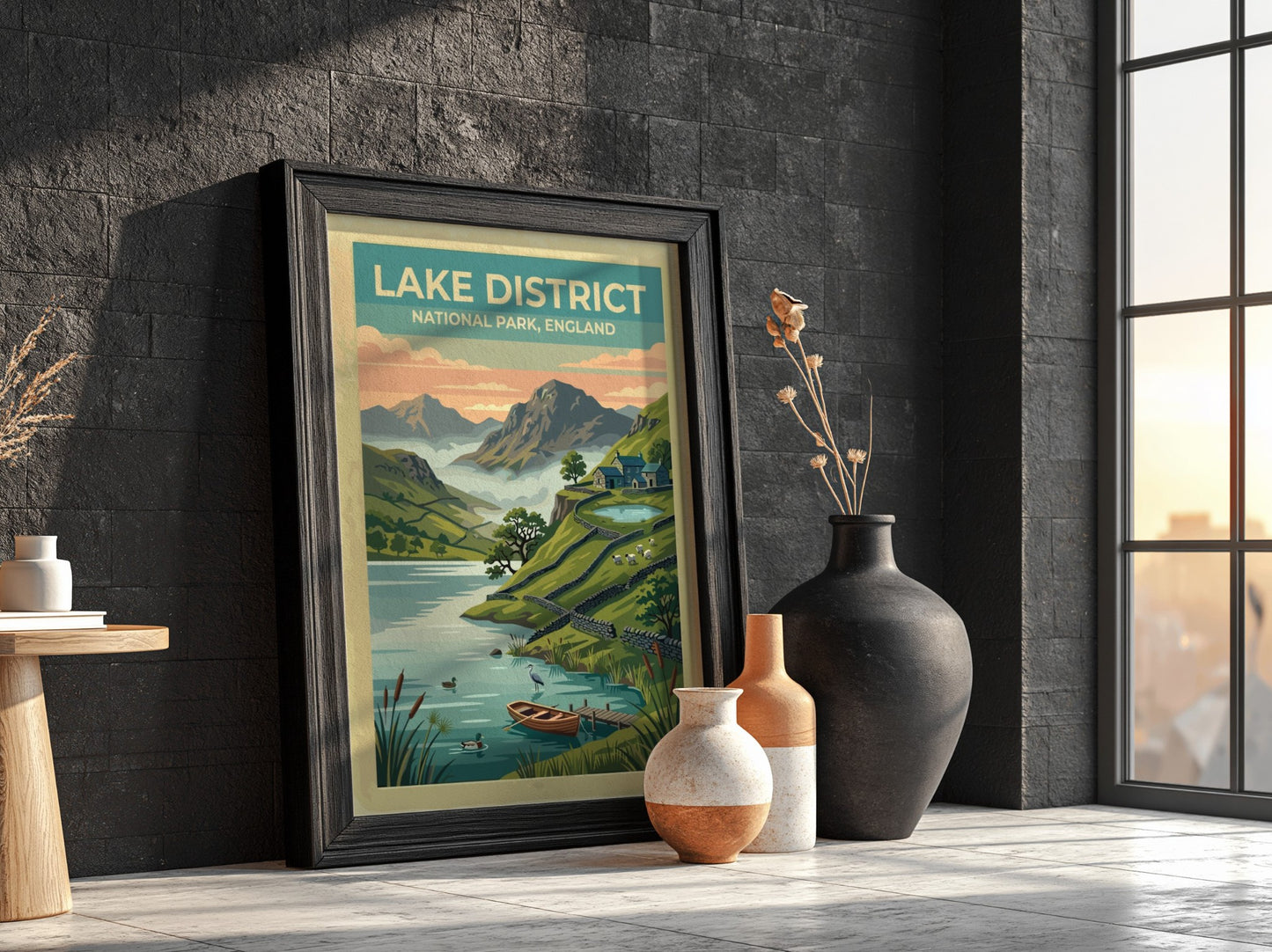 Travel poster of Lake District National Park featuring mountains, a lake, and cottages.