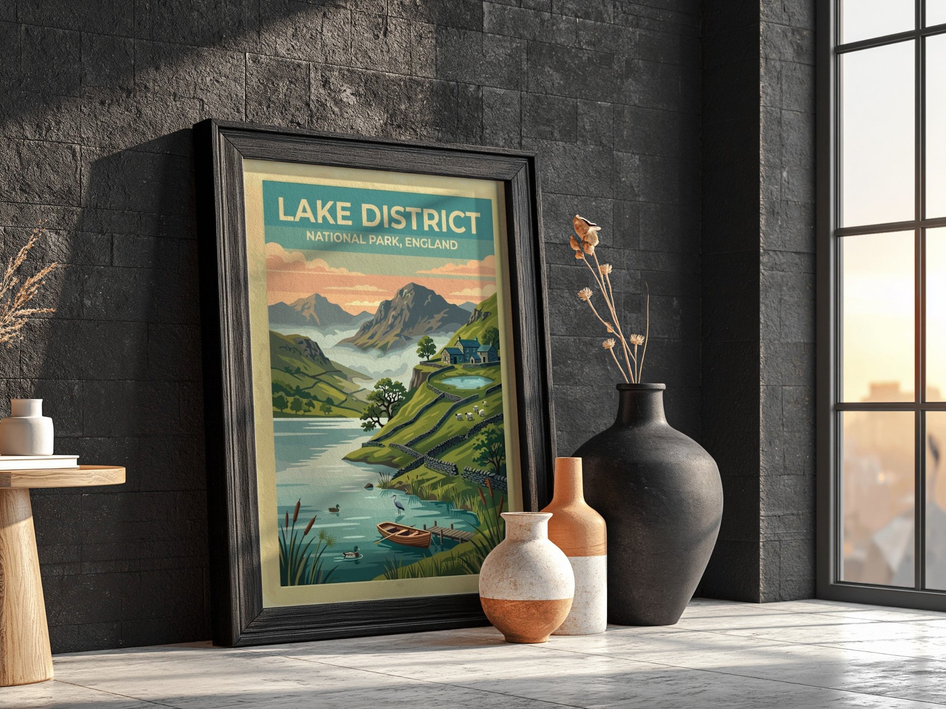 Travel poster of Lake District National Park featuring mountains, a lake, and cottages.