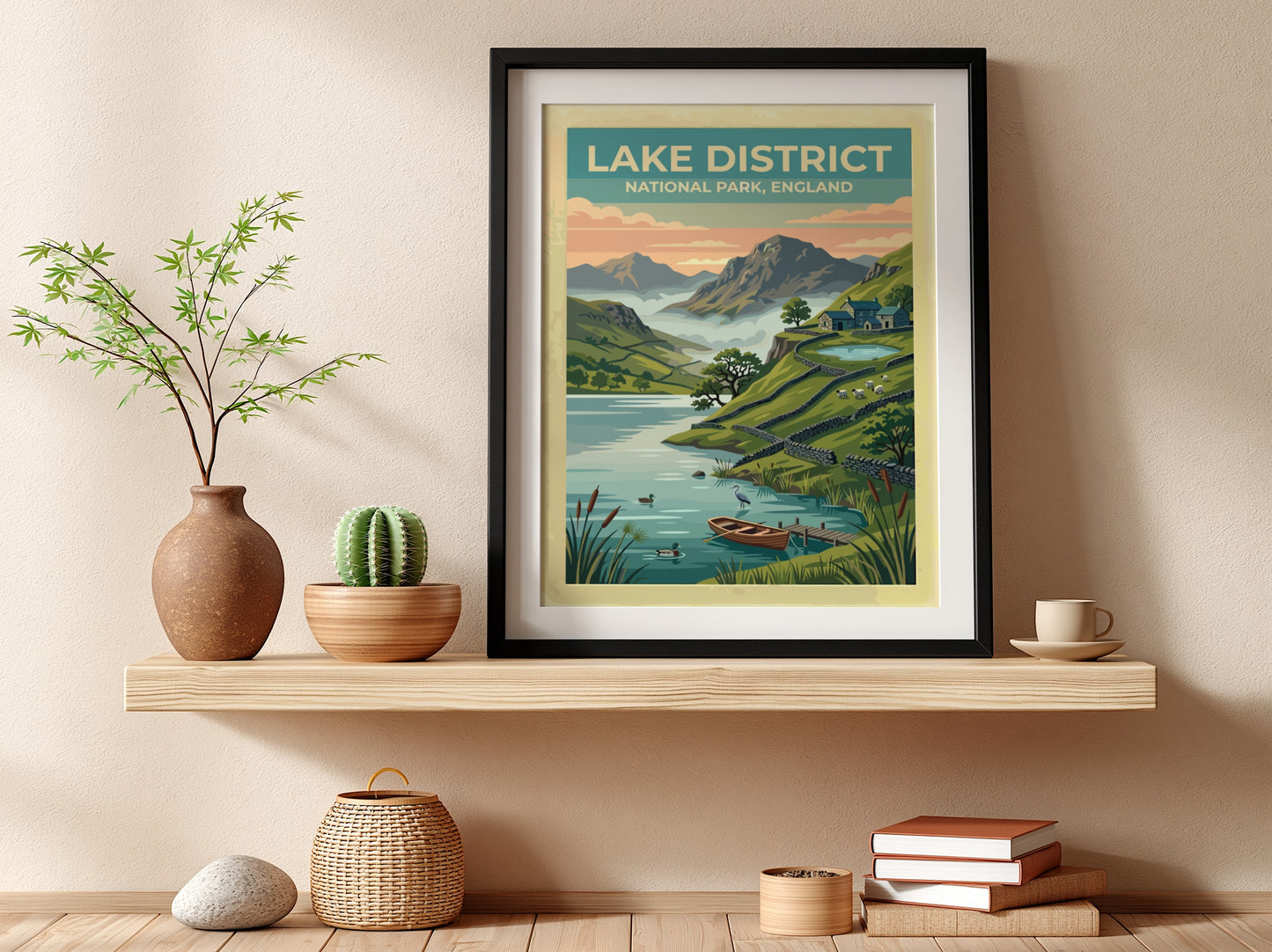 Travel poster of Lake District National Park featuring mountains, a lake, and cottages.