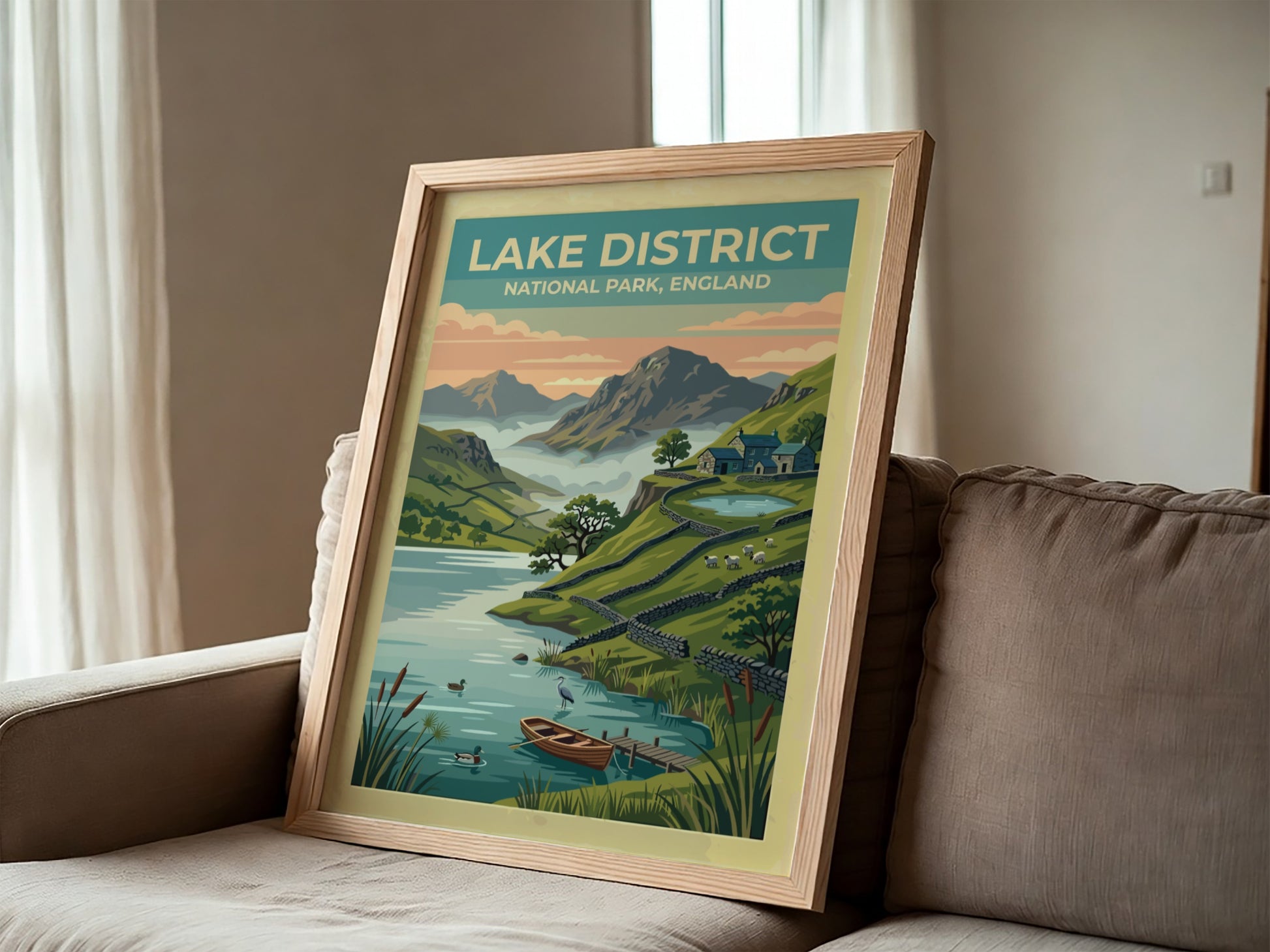 Travel poster of Lake District National Park featuring mountains, a lake, and cottages.