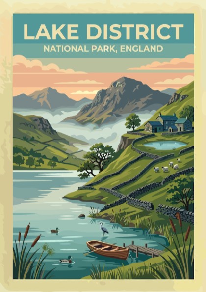 Travel poster of Lake District National Park featuring mountains, a lake, and cottages.
