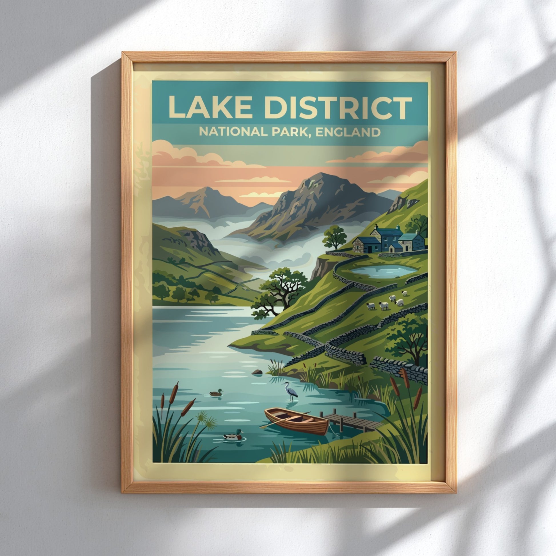 Travel poster of Lake District National Park featuring mountains, a lake, and cottages.