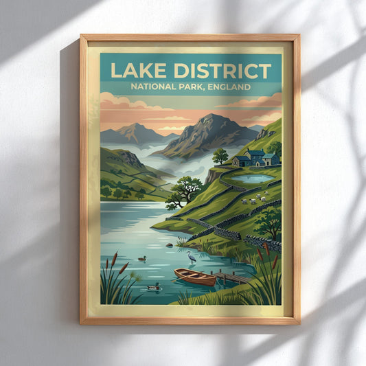 Travel poster of Lake District National Park featuring mountains, a lake, and cottages.