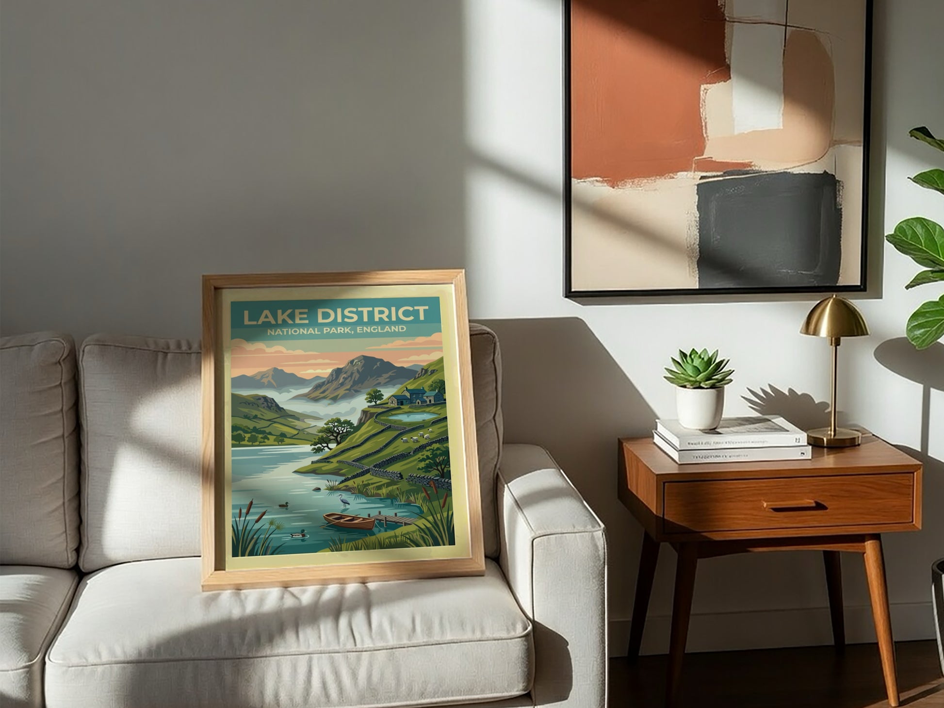 Travel poster of Lake District National Park featuring mountains, a lake, and cottages.