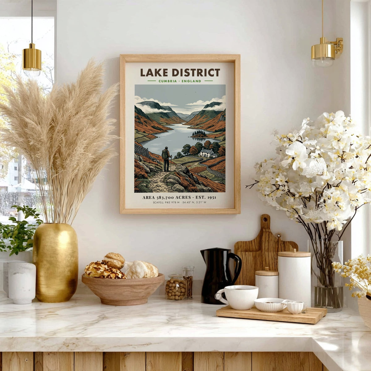 Poster featuring a hiker looking over the Lake District in a vintage illustration