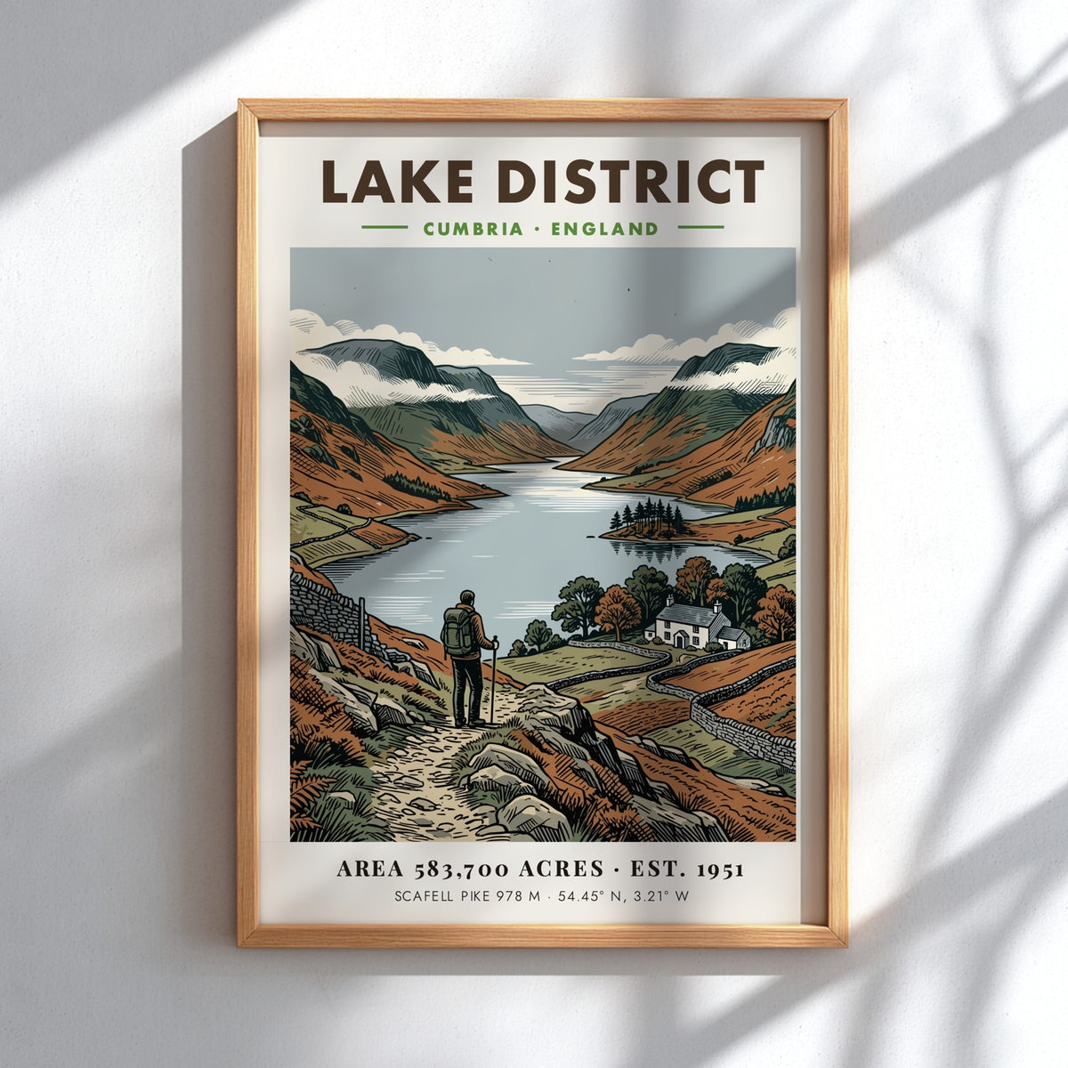 Poster featuring a hiker looking over the Lake District in a vintage illustration