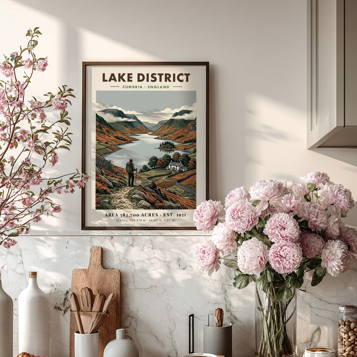 Poster featuring a hiker looking over the Lake District in a vintage illustration