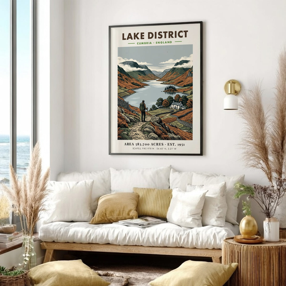 Poster featuring a hiker looking over the Lake District in a vintage illustration
