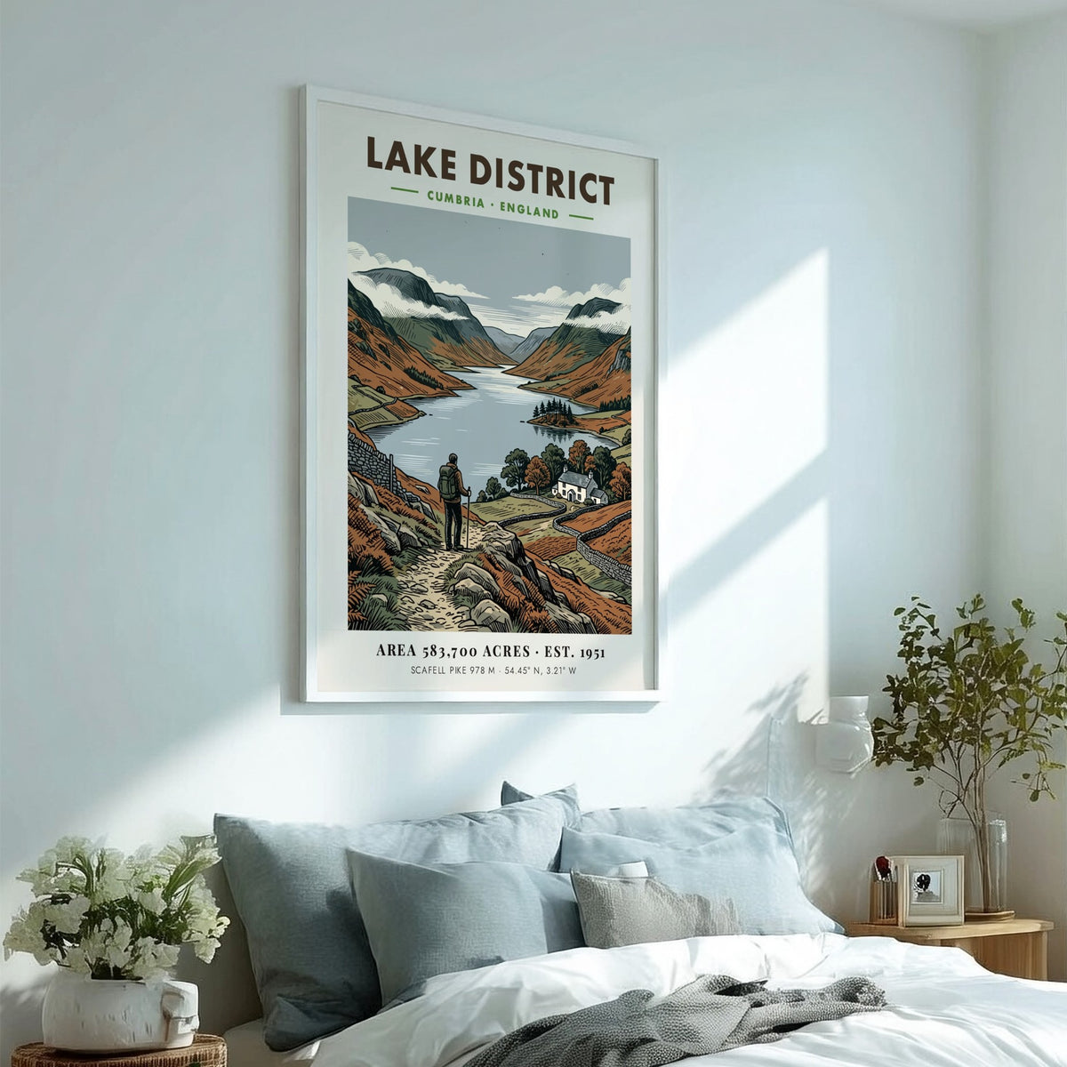 Poster featuring a hiker looking over the Lake District in a vintage illustration