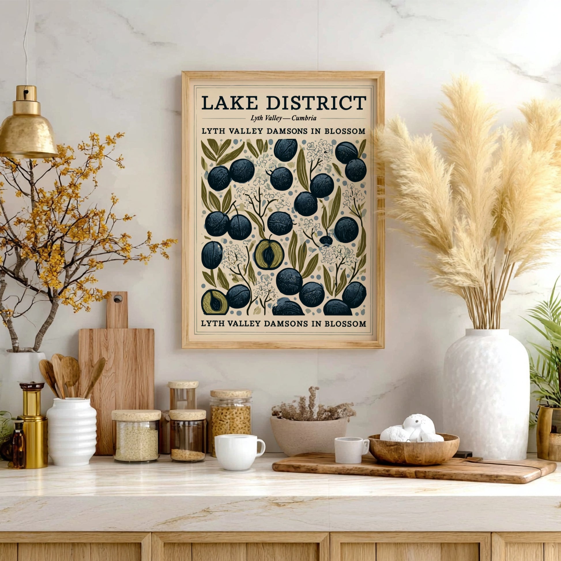 Kitchen poster featuring Lyth Valley damsons in blue and green colors, showcasing fruit blossoms in a
