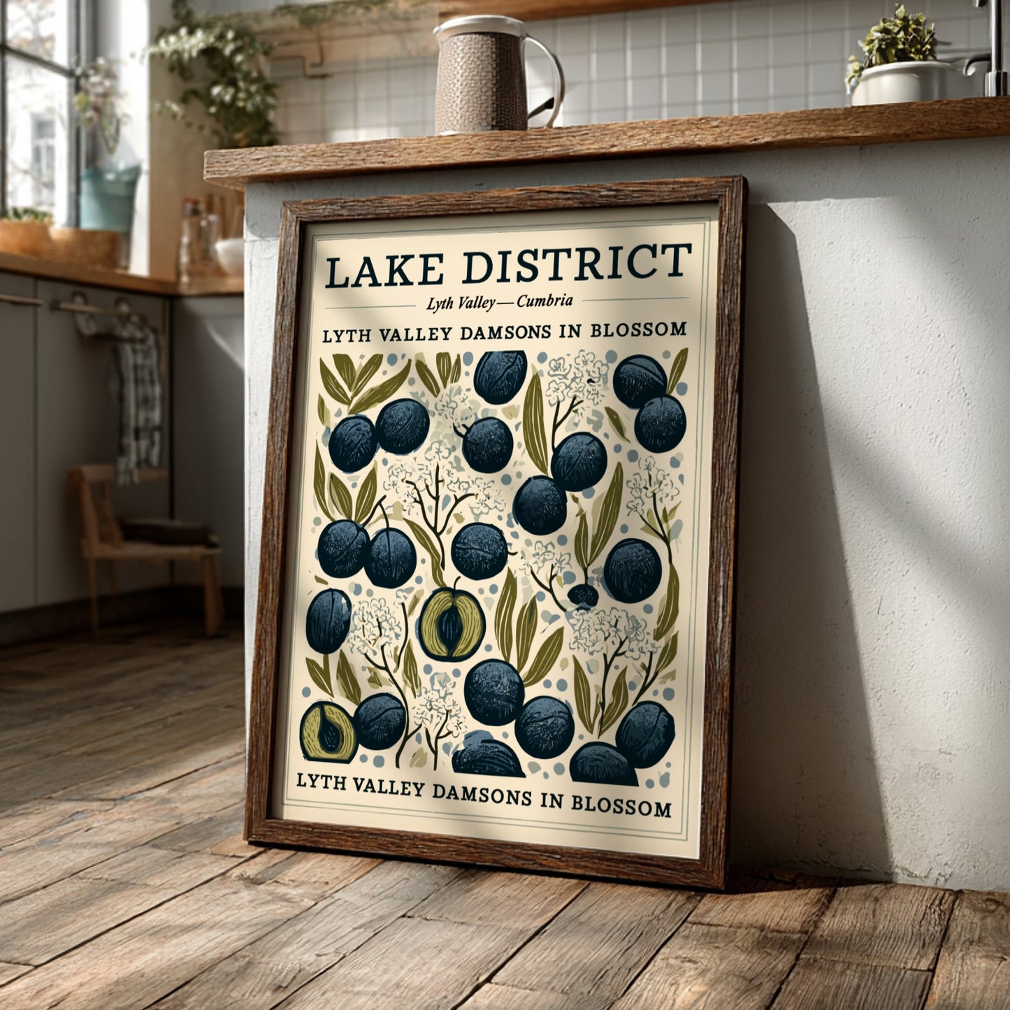 Kitchen poster featuring Lyth Valley damsons in blue and green colors, showcasing fruit blossoms in a