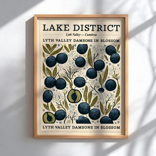 Kitchen poster featuring Lyth Valley damsons in blue and green colors, showcasing fruit blossoms in a
