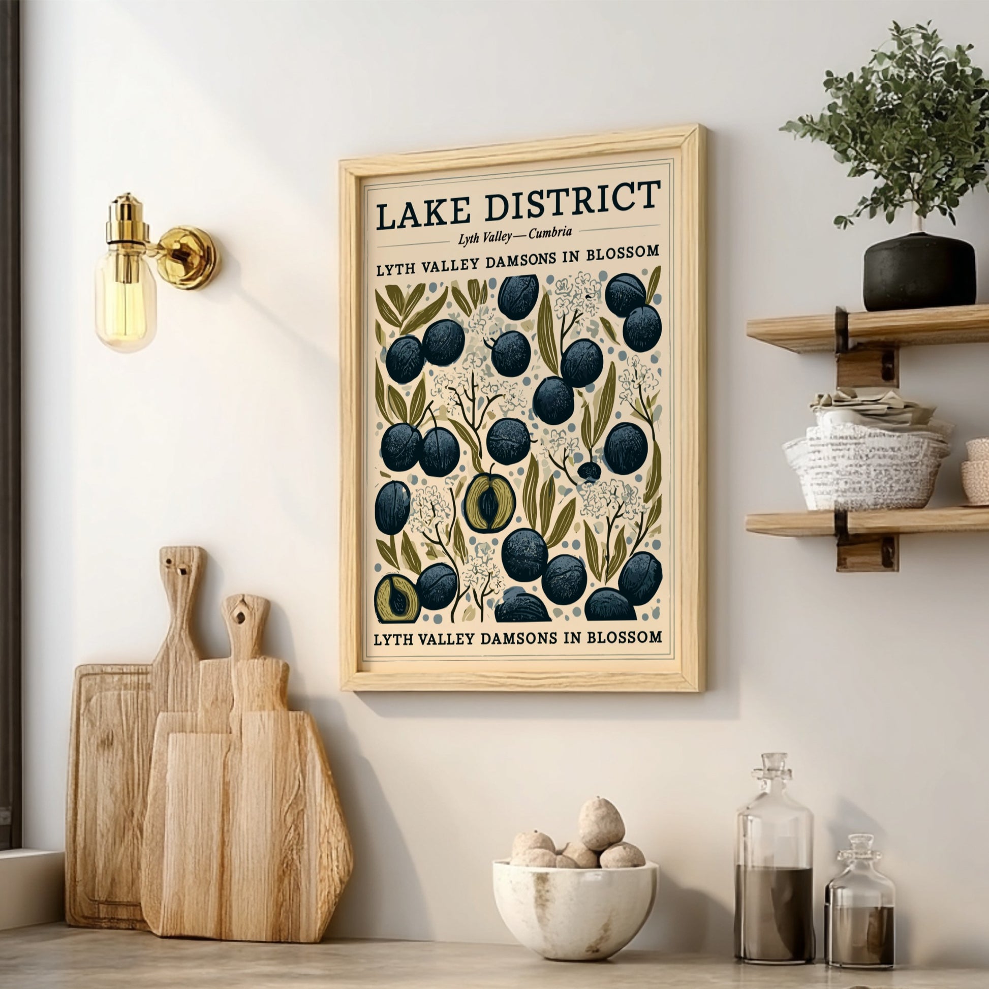 Kitchen poster featuring Lyth Valley damsons in blue and green colors, showcasing fruit blossoms in a