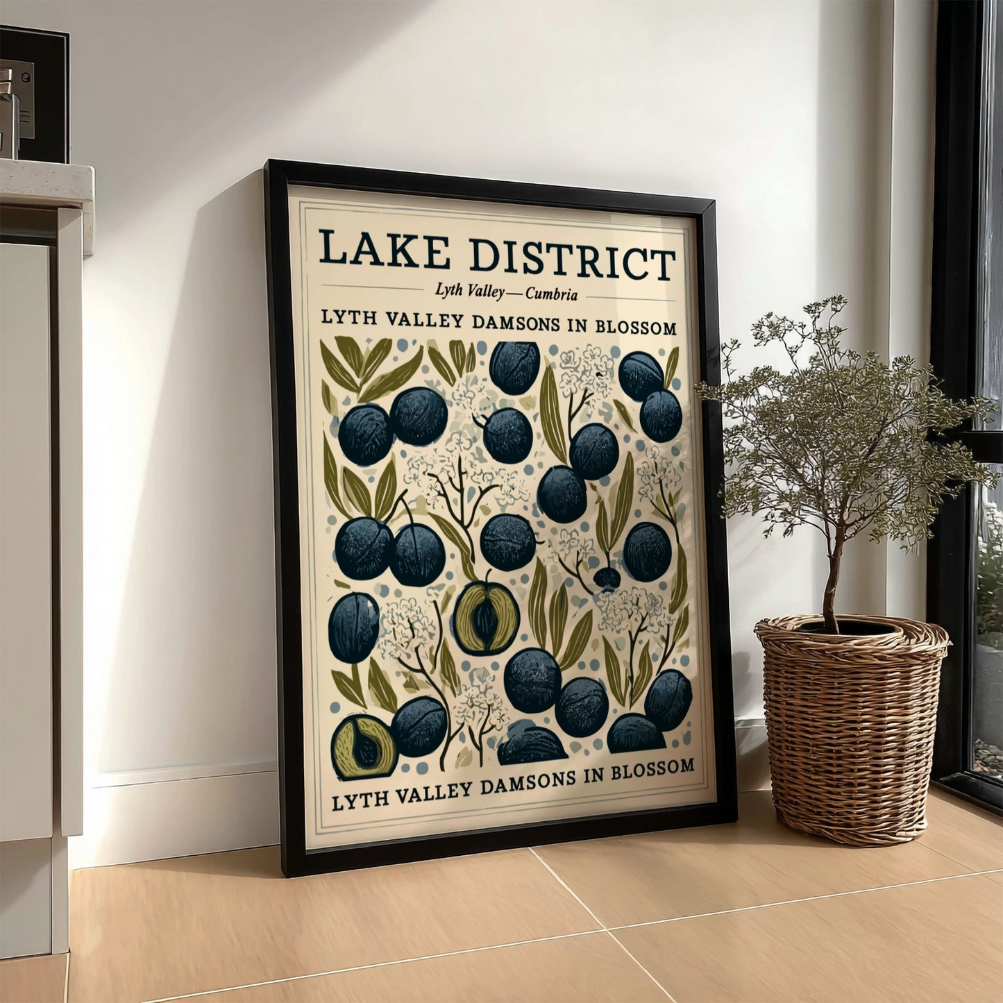 Kitchen poster featuring Lyth Valley damsons in blue and green colors, showcasing fruit blossoms in a
