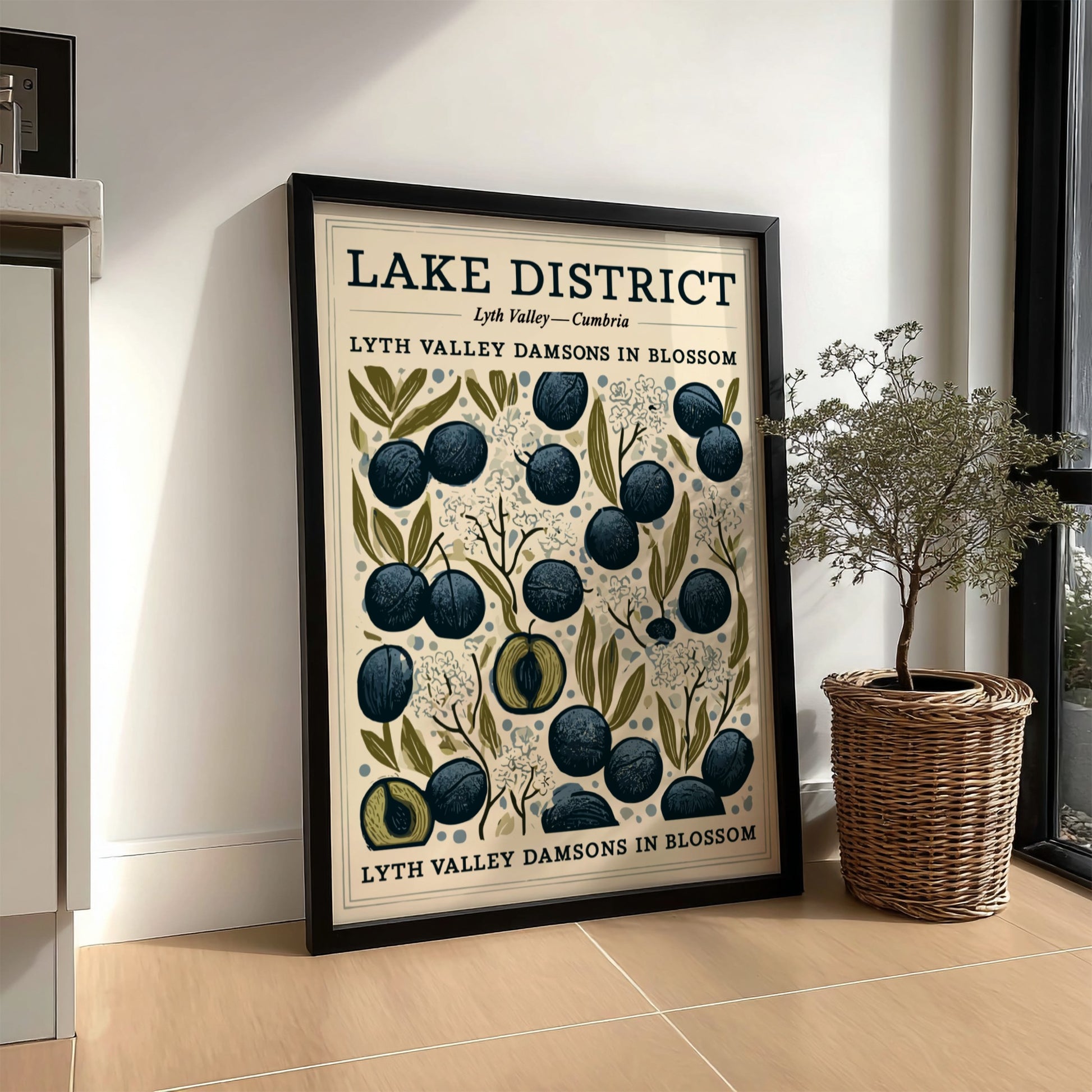 Kitchen poster featuring Lyth Valley damsons in blue and green colors, showcasing fruit blossoms in a
