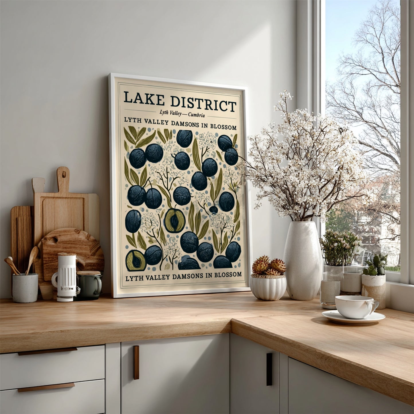 Kitchen poster featuring Lyth Valley damsons in blue and green colors, showcasing fruit blossoms in a