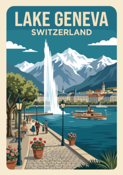 Travel poster of Lake Geneva Switzerland showing a fountain, paddle steamer, and mountains.