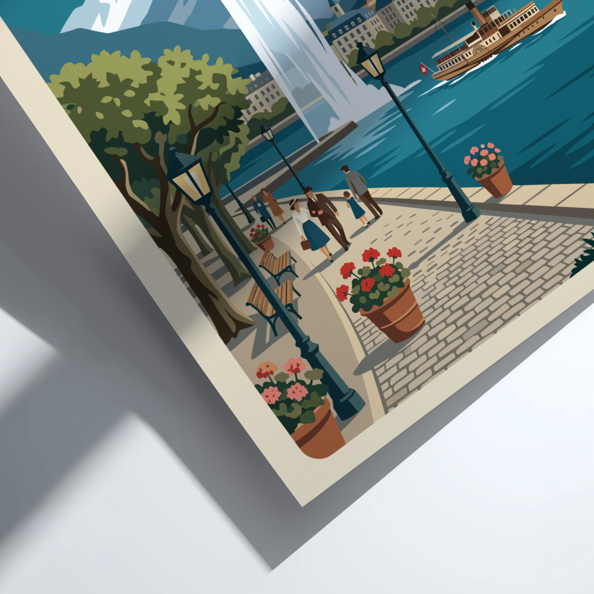 Travel poster of Lake Geneva Switzerland showing a fountain, paddle steamer, and mountains.