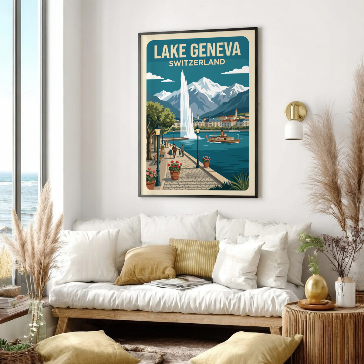 Travel poster of Lake Geneva Switzerland showing a fountain, paddle steamer, and mountains.