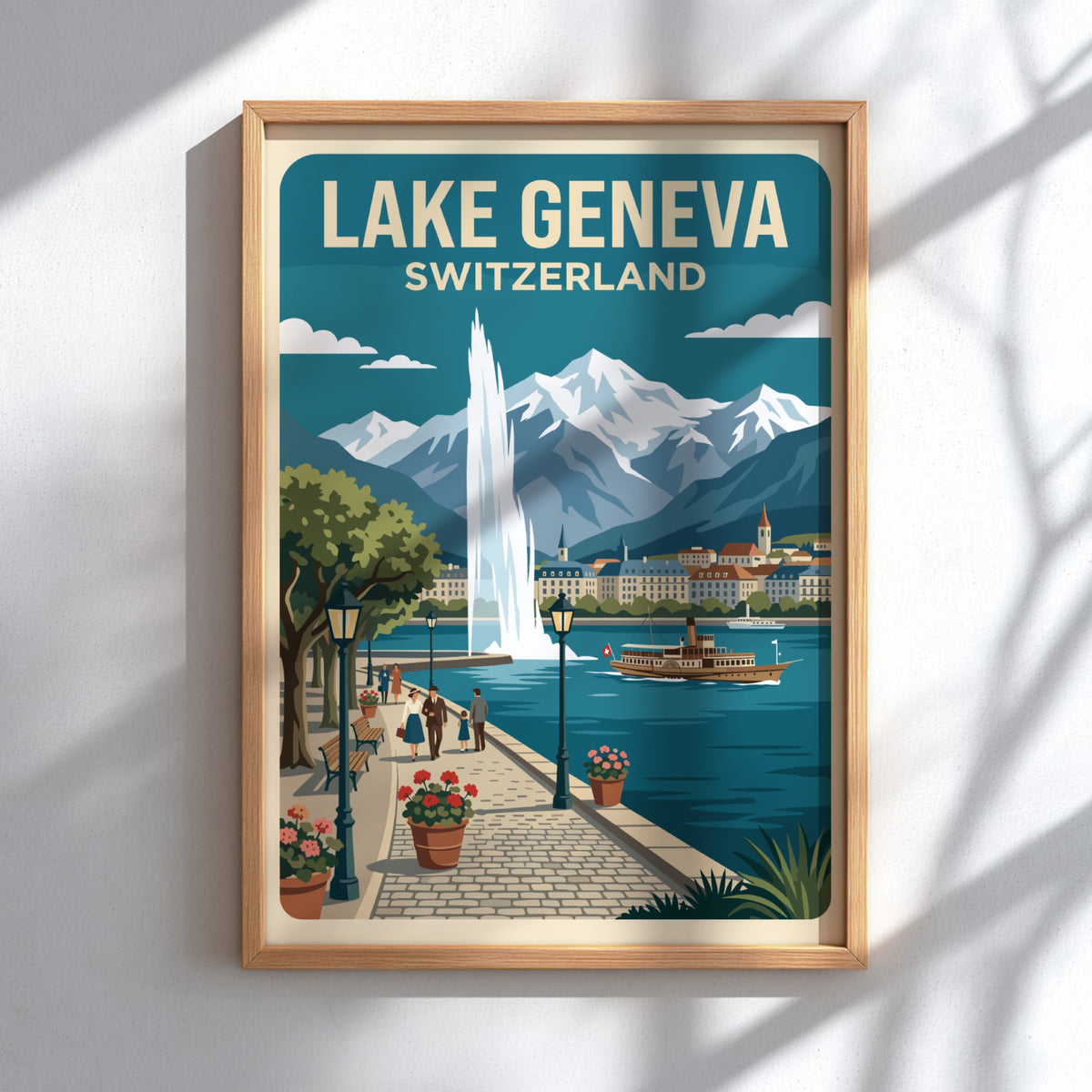 Travel poster of Lake Geneva Switzerland showing a fountain, paddle steamer, and mountains.