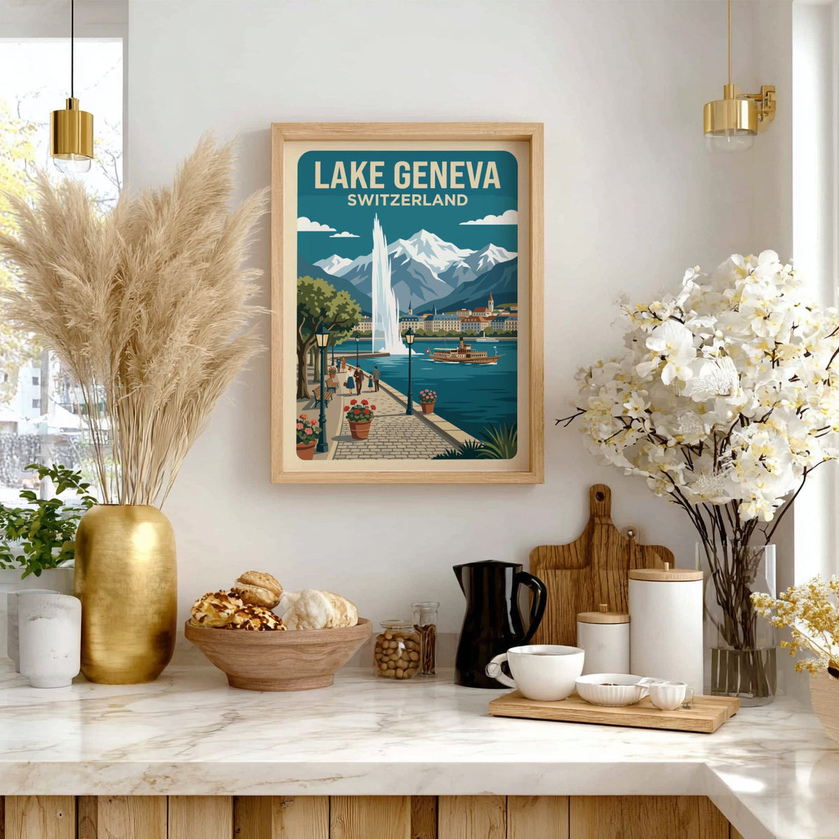 Travel poster of Lake Geneva Switzerland showing a fountain, paddle steamer, and mountains.