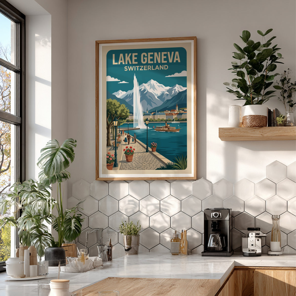Travel poster of Lake Geneva Switzerland showing a fountain, paddle steamer, and mountains.