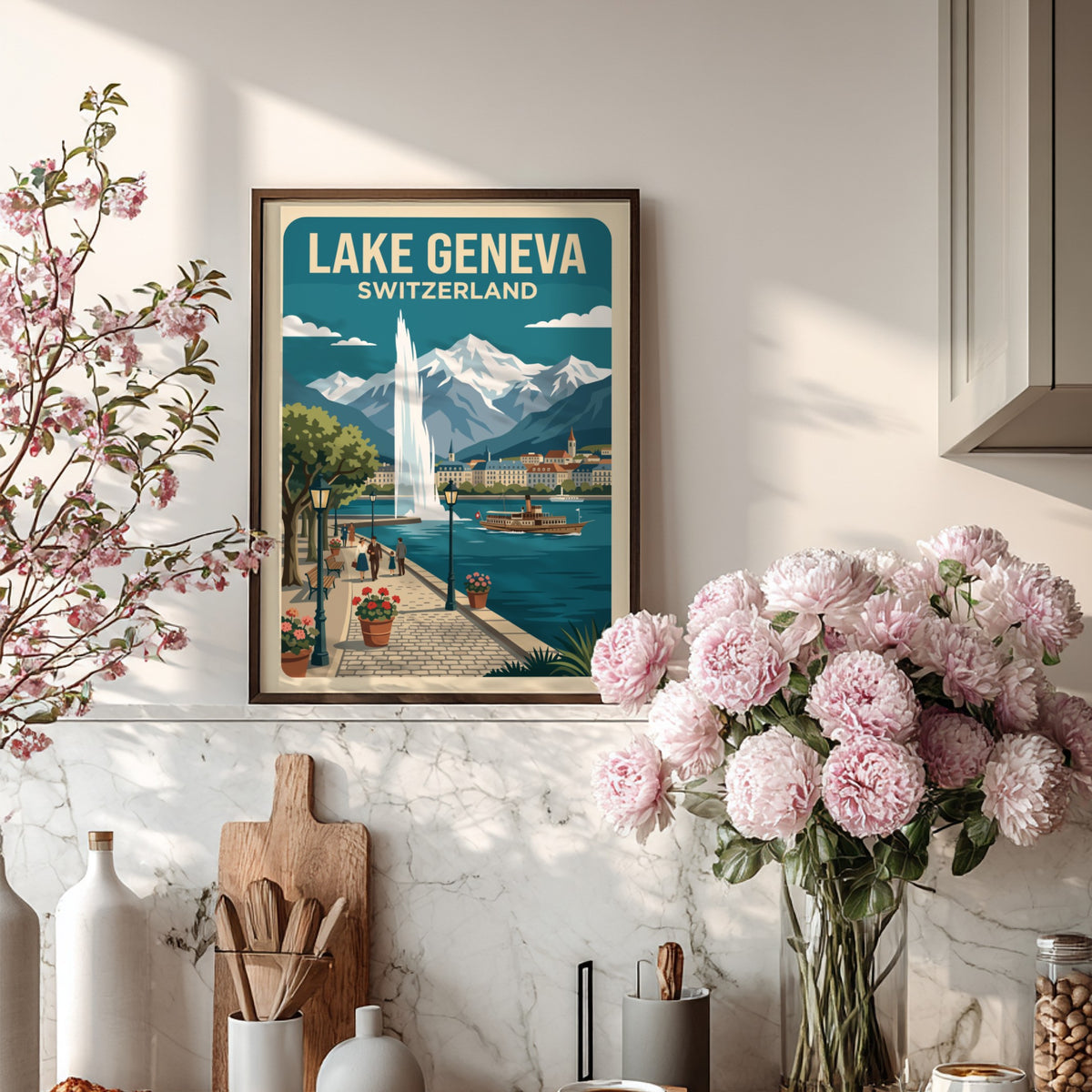Travel poster of Lake Geneva Switzerland showing a fountain, paddle steamer, and mountains.