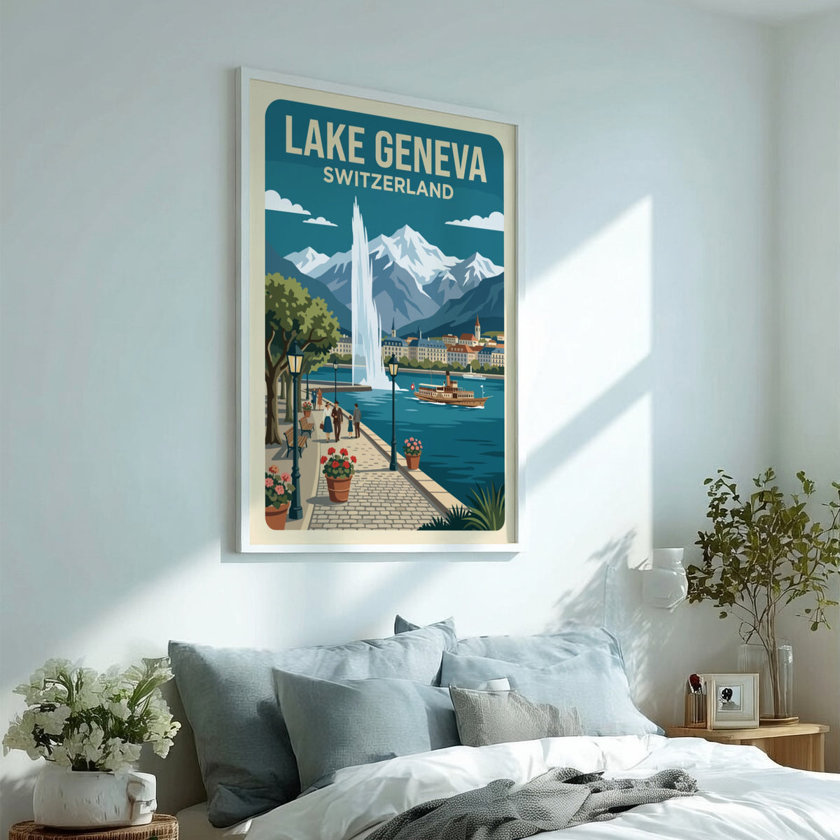 Travel poster of Lake Geneva Switzerland showing a fountain, paddle steamer, and mountains.