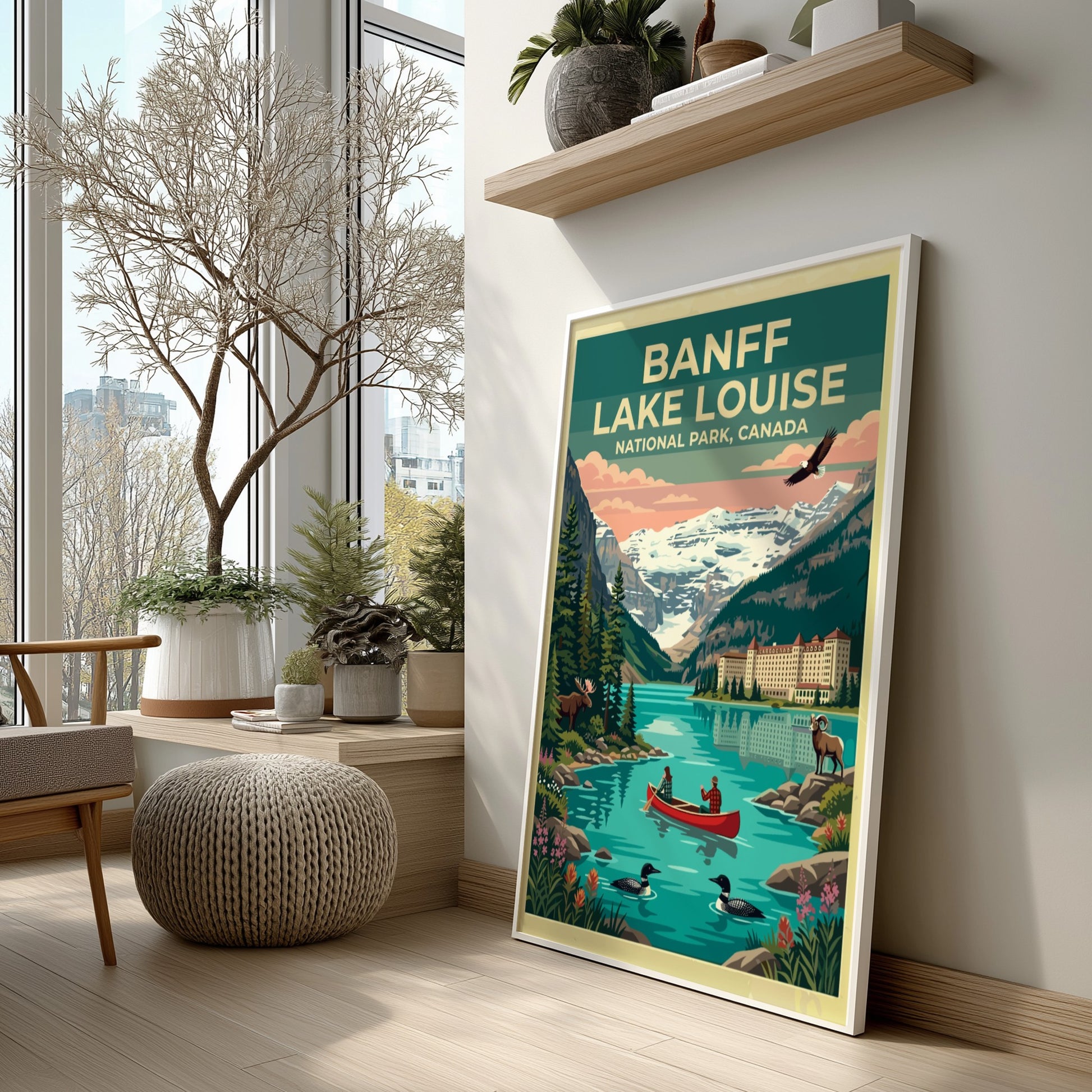 Travel poster of Banff Lake Louise featuring a canoe, mountain scenery, and wildlife.