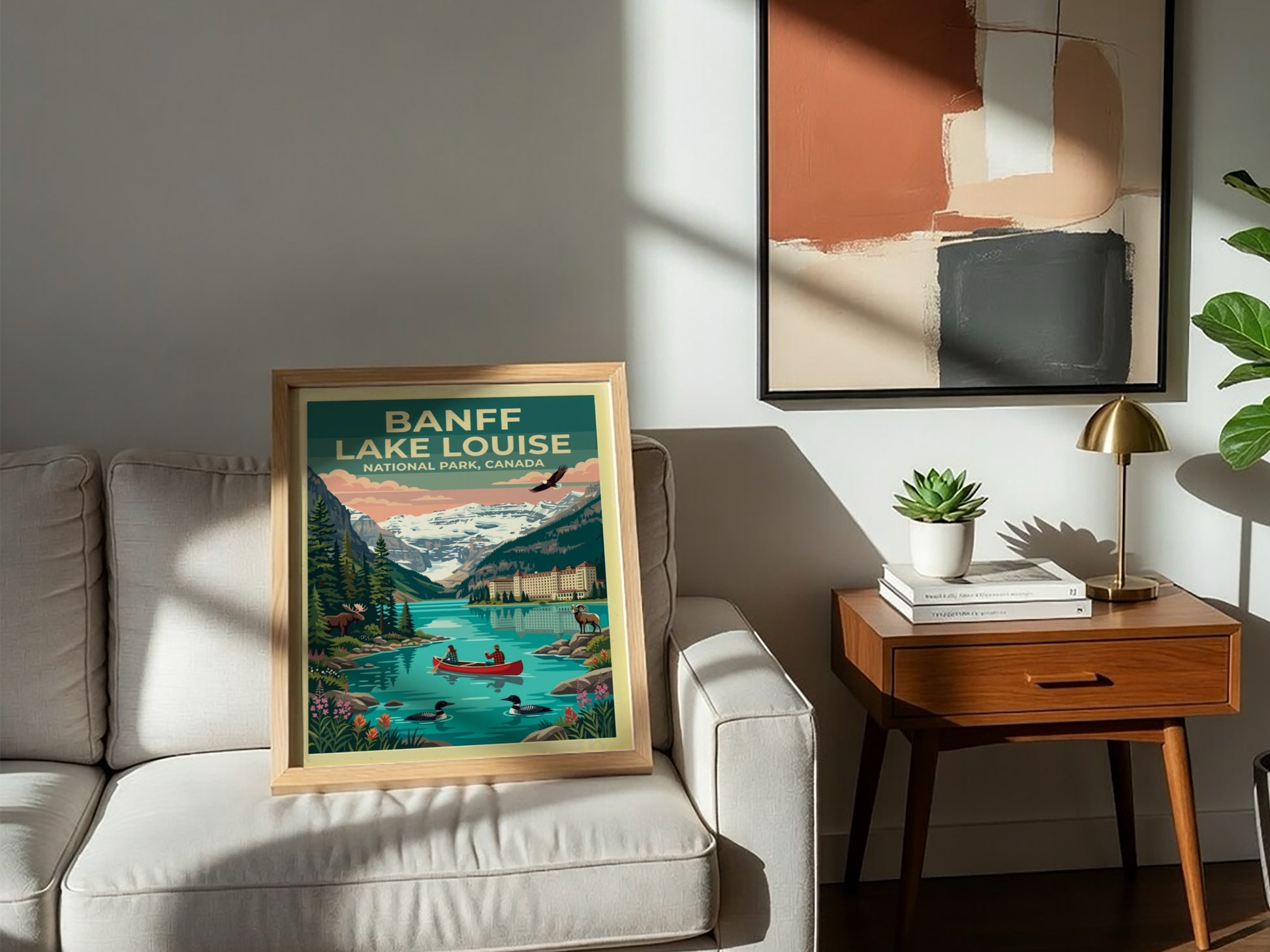Travel poster of Banff Lake Louise featuring a canoe, mountain scenery, and wildlife.